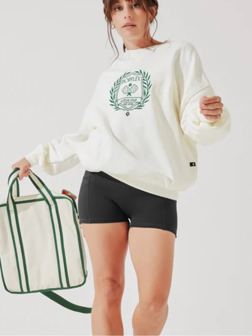 New POPFLEX Cream Active Club Cloud Crewneck Sweater Green Tennis Logo